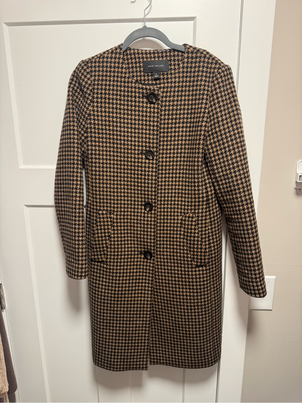Ann Taylor Houndstooth Collarless Long Coat Black Tan XS - Picture 2 of 6